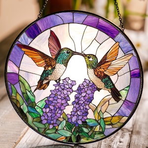 Hummingbirds Flowers Stained Glass Suncatcher Gifts for Women Indoor Decor Hummingbird Suncatcher Memory Sympathy Gift  Wall Art Sun Catcher