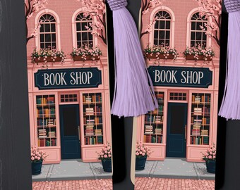 Marque-page rose de librairie, conception de librairie illustrée, accessoire de lecture, cadeau pour les amateurs de lecture, marque-page personnalisé avec pompon