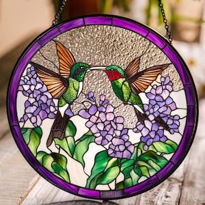 Hummingbirds and Wild Flowers Stained Glass Suncatcher Wall Art Window Hanging Indoor Decor Gifts for Women Sun Catcher Hummingbird Memorial
