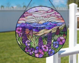 Lavender Mountain Stained Glass Suncatcher: Window Hanging Decor