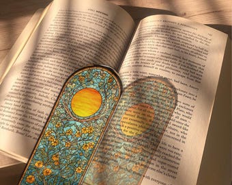 Art Nouveau Stained Glass Style  Bookmark | Golden Sun & Flower Meadow Reading Accessory | Intricate Botanical Page Marker