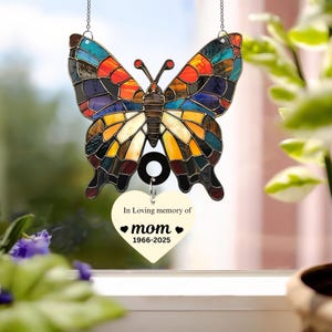 Custom Butterfly Acrylic Suncatcher: Memorial Gift with Hanging Heart