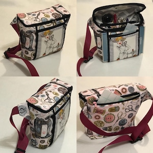 May include: A pink and white fabric fanny pack with a zipper closure and a black adjustable strap. The fanny pack has a print of buttons, sewing tools, and a woman with a sewing machine. The fanny pack is shown in four different angles.