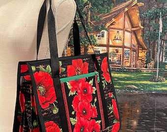 Ultimate carry all bag for quilting, sewing and crafts, 18 pockets, back pocket with sleeve for roller cart, ironing pad on flap side