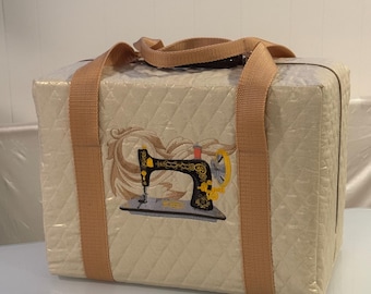 Pokrowiec/etui na maszynę do szycia Singer Featherweight, zapinany na zamek błyskawiczny z solidnymi uchwytami, haftowany, zapinany na zamek błyskawiczny, wykonany ze 100% pikowanej bawełny