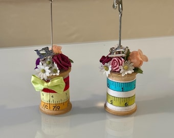 Notecard holder, business card holder, vintage wooden spool embellished with charm, flowers and notecard holder
