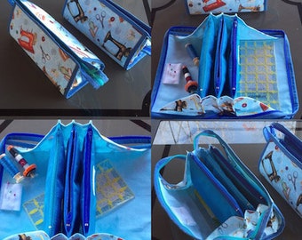 PDF tutorial for Small sewing bag QuiltessaNatalie design, 3 suspended zippered pockets, long outer zipper with 2 rulers to open flat
