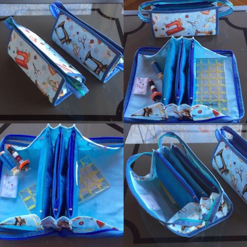 May include: A blue and white fabric sewing kit with multiple compartments and a zipper closure. The kit is open to reveal a variety of sewing supplies, including thread, needles, and a small ruler.