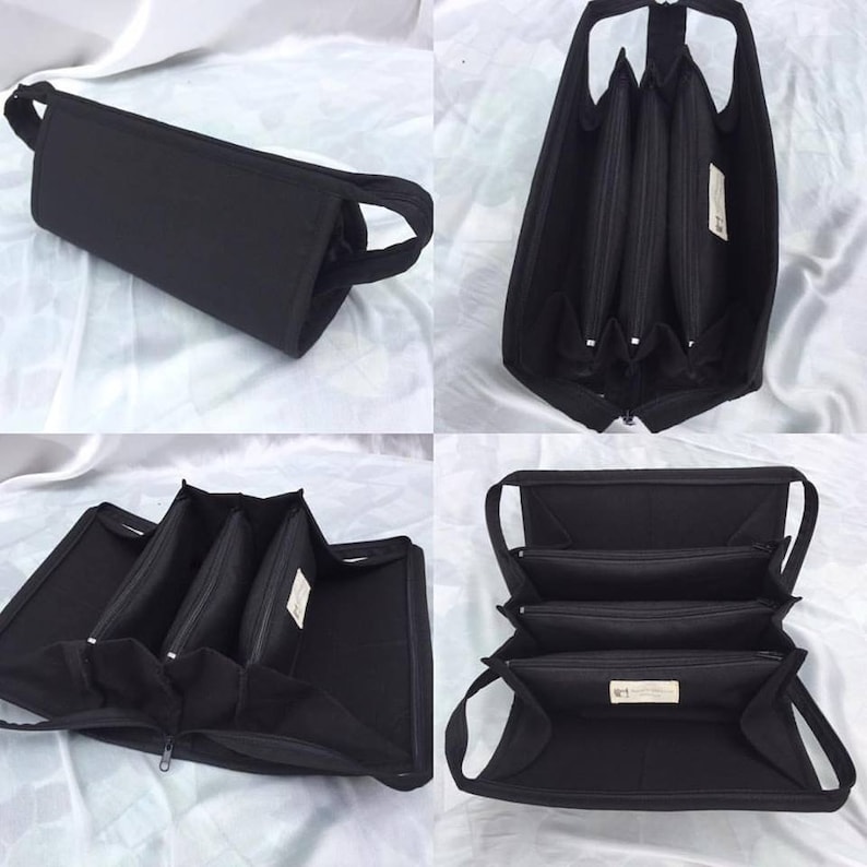 May include: Black zippered travel case with three compartments and two handles. The case is open to reveal the interior compartments.