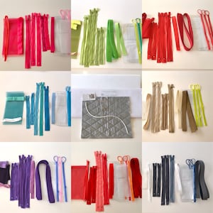 May include: Assortment of colorful zipper tape, mesh fabric, and clear plastic pouches. The zipper tape is in various colors, including red, green, blue, purple, and gray. The mesh fabric is in a light blue color. The clear plastic pouches are empty.