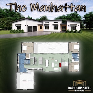 May include: Floor plan of a house called "The Manhattan" with a large living room, kitchen, and three bedrooms. The house has a covered patio and a garage.