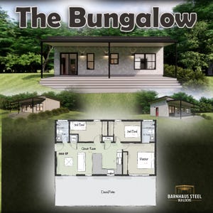 The Bungalow Barndominium - 3 Bedrooms / 2 Baths 860 SF Living. Tiny Home Design Blueprints