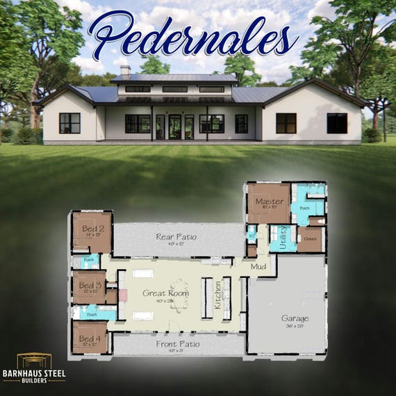 The Pedernales Barndominium - 4 Bedrooms / 3 Baths 2,973 SF Living. Riverfront Home Design Blueprints