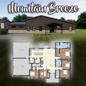 Mountain Breeze Barndominium - 4 Bedroom / 3 Baths 2,784 SF Living. Home Design Blueprints