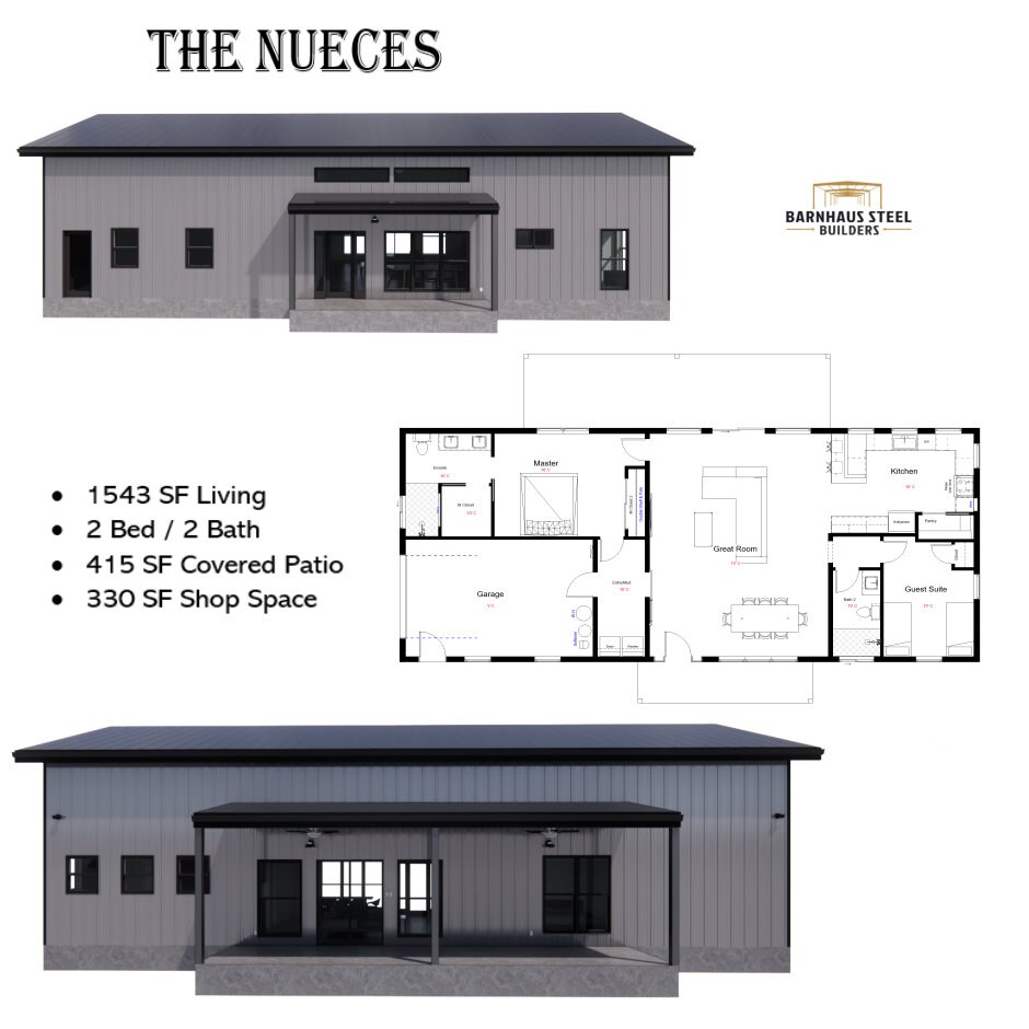 The Nueces Barndominium: 2 Bedroom 2 Bathroom Modern Farmhouse Metal  Building Plan Drawing - Etsy, image size:940x940