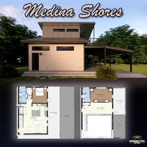 Puede incluir: Un plano de planta para una casa de dos pisos con un patio cubierto y un carport. La casa tiene una suite principal, un baño, una sala grande, un loft/oficina y un dormitorio. La casa está construida por Barnhaus Steel Builders.
