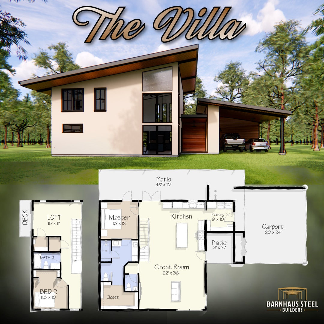 Mid-century Modern Barndominium Plan: 2 Bed, Carport (PDF) - Etsy