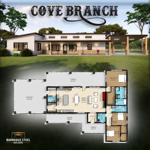 Cove Branch Barndominium - 3 Bedroom / 2.5 Baths 2,323 SF Living with 2 Car Carport. Hill Country Home Design Blueprints