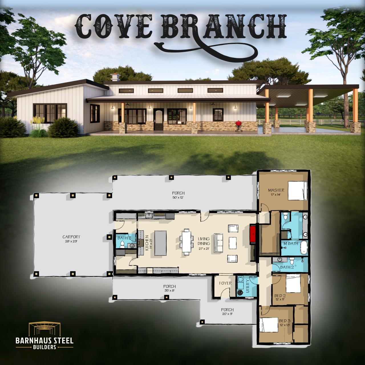 Cove Branch Barndominium - 3 chambres / 2,5 salles de bains 2 323 pi2 habitables avec abri pour 2 voitures. Plans de conception de maison de campagne dans les collines