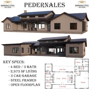 K&ouml;nnte beinhalten: Eine Darstellung eines Hausplans f&uuml;r ein 4-Zimmer-Haus mit 3 Badezimmern und einer 3-Wagen-Garage. Der Hausplan umfasst ein Wohnzimmer, ein Esszimmer, eine K&uuml;che, ein Hauptschlafzimmer, einen Hauswirtschaftsraum, einen Schlammraum und eine Garage. Das Haus ist in Stahlbauweise ausgef&uuml;hrt und verf&uuml;gt &uuml;ber einen offenen Grundriss. Das Haus hei&szlig;t "Pedernaes" und wird von Barnhaus Steel Builders gebaut.