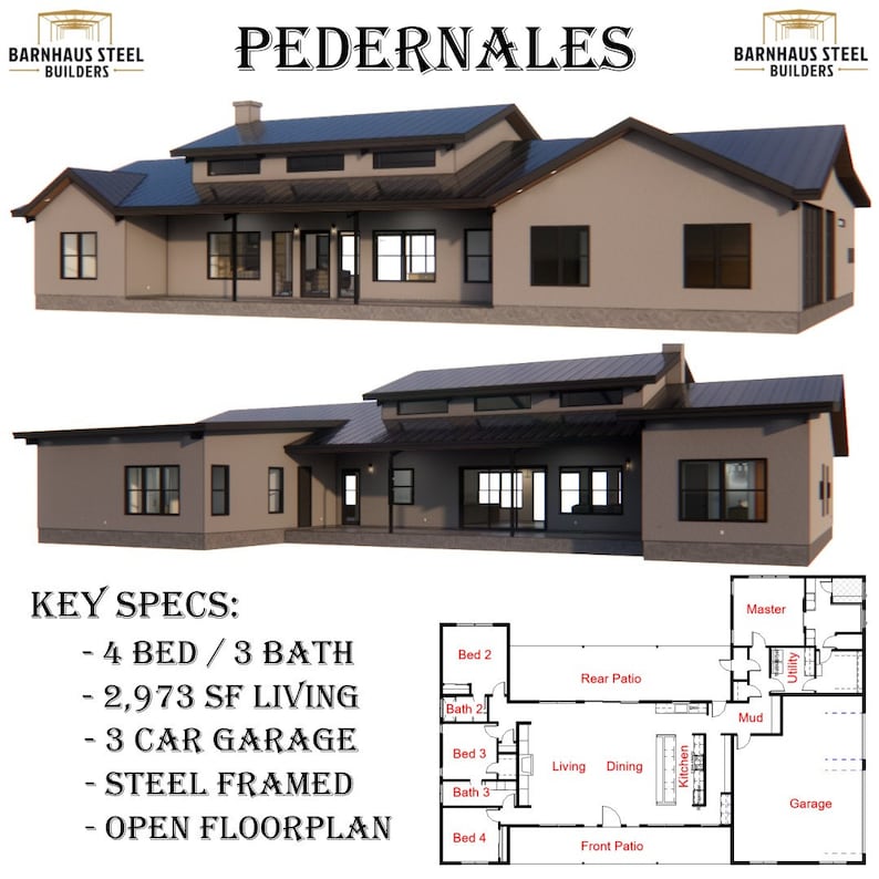 K&ouml;nnte beinhalten: Eine Darstellung eines Hausplans f&uuml;r ein 4-Zimmer-Haus mit 3 Badezimmern und einer 3-Wagen-Garage. Der Hausplan umfasst ein Wohnzimmer, ein Esszimmer, eine K&uuml;che, ein Hauptschlafzimmer, einen Hauswirtschaftsraum, einen Schlammraum und eine Garage. Das Haus ist in Stahlbauweise ausgef&uuml;hrt und verf&uuml;gt &uuml;ber einen offenen Grundriss. Das Haus hei&szlig;t "Pedernaes" und wird von Barnhaus Steel Builders gebaut.