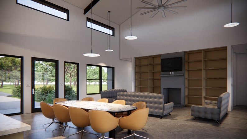 K&ouml;nnte beinhalten: Ein modernes Wohnzimmer mit einem gro&szlig;en Esstisch und St&uuml;hlen, einem grauen Sofa, einem Kamin und einem eingebauten B&uuml;cherregal. Der Raum hat gro&szlig;e Fenster mit Blick auf B&auml;ume und eine Rasenfl&auml;che.