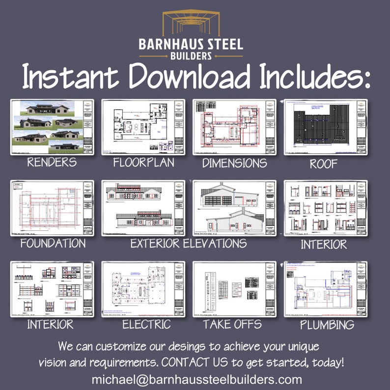 K&ouml;nnte beinhalten: Eine Grafik, die das Sofort-Download-Paket f&uuml;r ein Stahlgeb&auml;ude zeigt. Das Paket beinhaltet Renderings, Grundrisse, Abmessungen, Dachpl&auml;ne, Fundamentpl&auml;ne, Au&szlig;enansichten, Innenpl&auml;ne, Elektroplanung, Mengenermittlungen und Sanit&auml;rpl&auml;ne. Der Text "Barnhaus Steel Builders" befindet sich oben auf der Grafik.