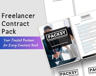 May include: A set of four legal documents for freelancers, including a client onboarding form, a general freelancer contract, a retainer agreement, and an independent contractor agreement. The documents are all white with black text and the company logo, PACKSY, in a black box at the top of each page. The text "Your Trusted Partner for Every Contract Need" is below the logo.