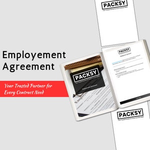 Könnte beinhalten: Ein weißes und schwarzes Dokument mit dem Titel "Employment Agreement" und dem Text "Your Trusted Partner for Every Contract Need" in einem schwarzen Kasten mit dem Wort "PACKSY" in weißen Buchstaben. Das Dokument ist auf einer Seite mit der Überschrift "Employment Agreement" und dem Text "Details the terms of employment, including all representations, benefits, and the employee's responsibilities." geöffnet.