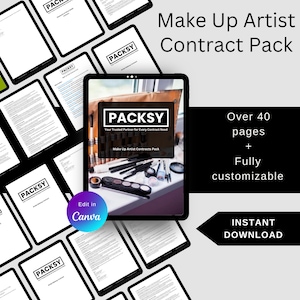 Może przedstawiać: Tablet wyświetlający dokument zatytułowany "Make Up Artist Contracts Pack" od PACKSY, firmy dostarczającej umowy dla firm. Dokument ma ponad 40 stron i jest w pełni konfigurowalny. Obraz zawiera również zestaw kosmetyków do makijażu z pędzlami, paletkami cieni do powiek i innymi narzędziami do makijażu.