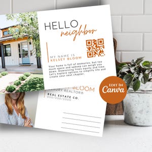 May include: A white postcard with the text "HELLO neighbor" in black and orange. The postcard includes a QR code and the text "MY NAME IS KELSEY BLOOM". The words "EDIT IN Canva" are also visible.
