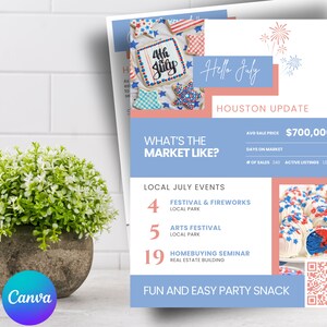 May include: A flyer with a blue and coral color scheme, featuring the text "Hello July" and "Houston Update." It includes information on local events and a section titled "What's the Market Like?" Decorated with 4th of July themed cookies.