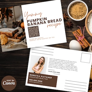 May include: A recipe card for Pumpkin Banana Bread with the word "Yummy" at the top. The card includes a QR code and the text "Perfect with coffee or tea." A real estate postcard is also visible.