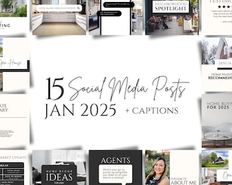May include: A collage of 15 social media posts for real estate agents, featuring images of homes, neighbourhoods, and home decor ideas. The text "15 Social Media Posts Jan 2025 + Captions" is displayed in the centre of the collage.