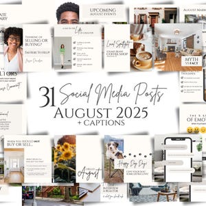 Puede incluir: Un conjunto de 31 publicaciones para redes sociales para agosto de 2025, con temas inmobiliarios. Las publicaciones incluyen leyendas de texto, imágenes de personas, propiedades y gráficos. El diseño es moderno, con una paleta de colores neutros.