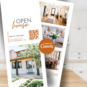 May include: A flyer for an open house event with the text "OPEN house" in an elegant script. The flyer includes a QR code, date, time, and address. Images of a home's interior and exterior are also featured.