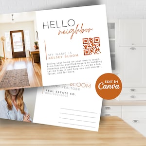 以下が含まれることがあります： 「HELLO neighbor」と「MY NAME IS KELSEY BLOOM」のテキストが入った不動産用ポストカード。ポストカードにはQRコードと「EDIT IN Canva」の文字が入っています。背景には家の内装と女性が写っています。