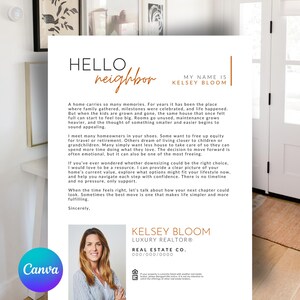 May include: A white and orange flyer with the text "HELLO neighbor" and "MY NAME IS KELSEY BLOOM". The flyer is for a real estate agent and includes contact information and a photo of the agent.