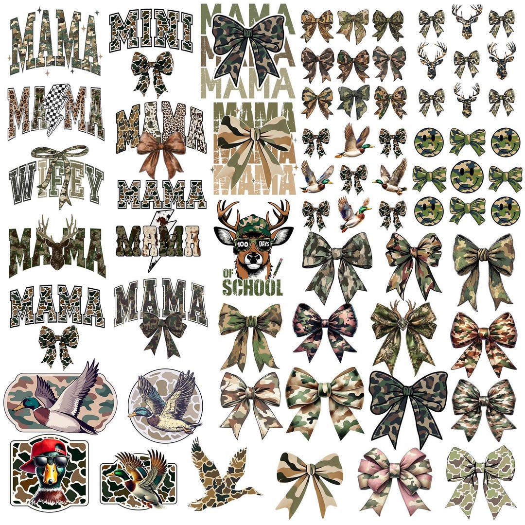 Camo Bow Png Bundle, Coquette Mama Cago Bow Png, Mama Preppy Duck Camo ...