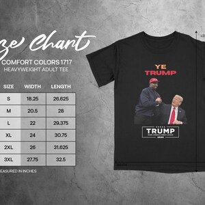 Puede incluir: Camiseta negra con el texto "YE TRUMP" en rojo y un gr&aacute;fico de dos hombres d&aacute;ndose la mano. La camiseta tambi&eacute;n presenta el texto "TRUMP MAKE AMERICA GREAT AGAIN 2024". Tambi&eacute;n es visible una tabla de tallas.