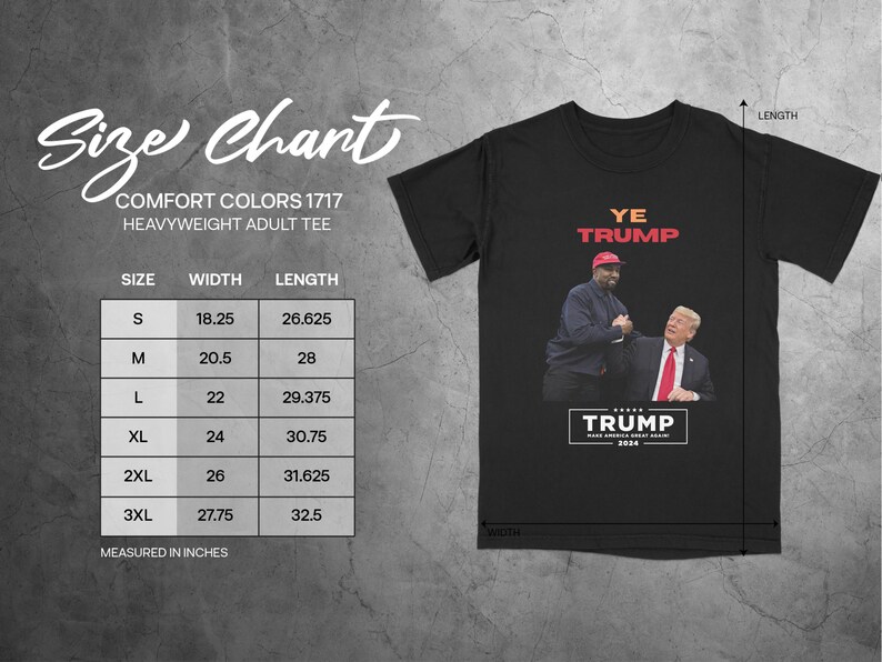 Puede incluir: Camiseta negra con el texto "YE TRUMP" en rojo y un gr&aacute;fico de dos hombres d&aacute;ndose la mano. La camiseta tambi&eacute;n presenta el texto "TRUMP MAKE AMERICA GREAT AGAIN 2024". Tambi&eacute;n es visible una tabla de tallas.