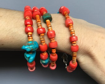 Turquoise and Coral Stacking Bracelets 7.5 inch | Your Choice | Bamboo Coral | Real Turquoise from Nevada, Kingman Mine, & Peru | Aqua Terra