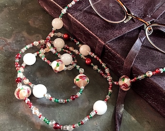 Collier floral à lunettes (Pétale de rose) | Chaîne de lunettes en cristal blanc | Cordon pour lunettes de lecture | Support pour lunettes rose et vert unique | Mère