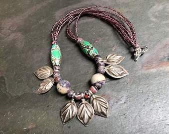 Tribal Silver Leaf Pendant | Nature Spirit Necklace Jungle Vibe Green Variscite, Purple Charoite | Kochi Boho Beads, Antique, Collectible