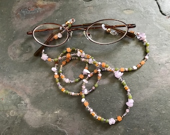 Chaîne pour lunettes de lecture | Chaîne pour lunettes en perles | Porte-lunettes en pierres précieuses | Cadeau de bibliothécaire | Lunettes de soleil perles chaîne lavande orange vert