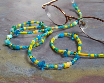 Collier lunettes de lecture | Chaine de gardien de lunettes Bead Dans Jaune Et Bleu | Cordon perlé pour porte-lunettes | Cadeau pour les amoureux des livres | Commerce de perles