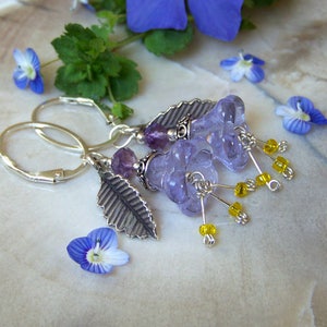 Purple Drop Earrings | Lavender Glass Flower Earrings with .925 Sterling Bali Silver Leaves | Morning Glory Jewelry | Amethyst Earrings