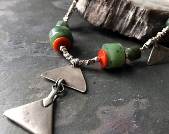 Triangle Necklace | Old Tribal Coin Silver Amulets from India, BC Nephrite Jade | Antique High Grade Silver Geometric Jewelry | Green Orange