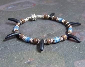 Black Claw Bracelet | Skinny Stackable Bracelet | Blue Coral Bracelet | Tribal Jewelry | African Trade Bead Bracelet Sterling Magnetic Clasp