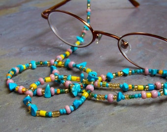 Glasses Chain | Eye Glasses Necklace in Blue and Gold | Pink Glasses Keeper | Beaded Glasses Lanyard | Trade Bead Reading Glasses Chain